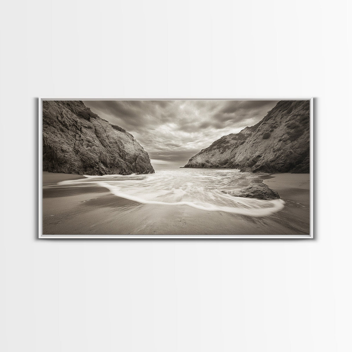 Secluded Beach Cove, Coastal Seascape, Sepia Landscape Art, Framed Canvas Print, Bathroom or Bedroom Wall Decor, Nature Inspired