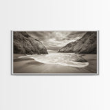 Secluded Beach Cove, Coastal Seascape, Sepia Landscape Art, Framed Canvas Print, Bathroom or Bedroom Wall Decor, Nature Inspired