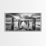 Ocean Pilings, Calm Waters, Cloud Streaks, Sunset Mood, Canvas Print, Minimalist Seascape, Bedroom Wall Art, Serene Beach Decor