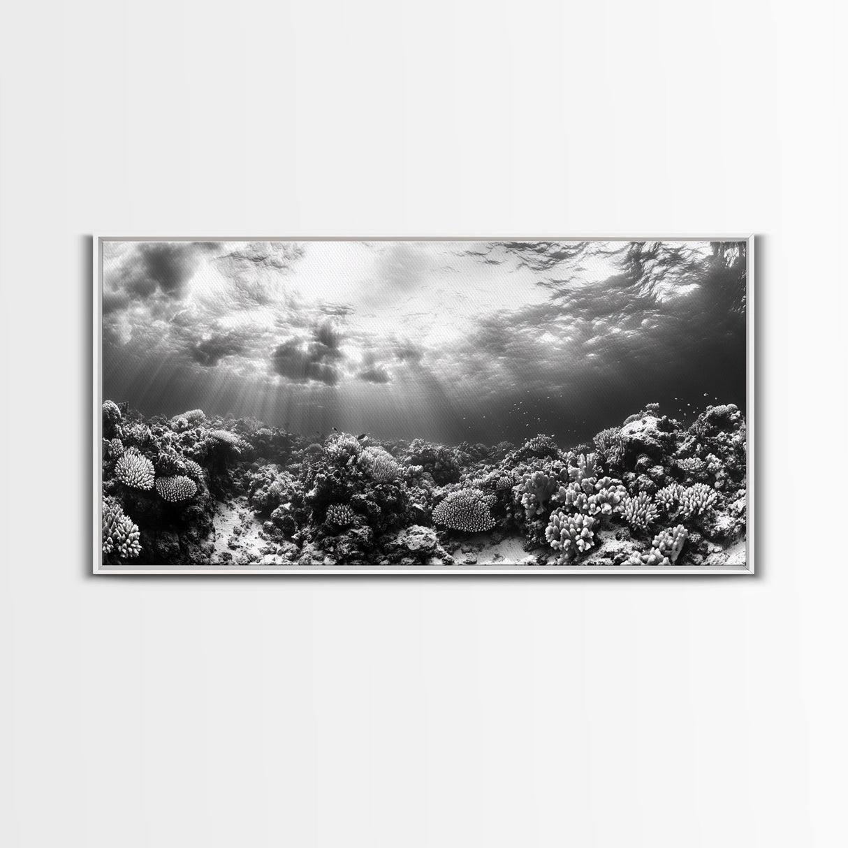Coral Reef, Ocean Depths, Sunlight Rays, Marine Life, Canvas Print, Minimalist Nature Art, Bathroom Decor, Underwater Scene, Bedroom Wall Art
