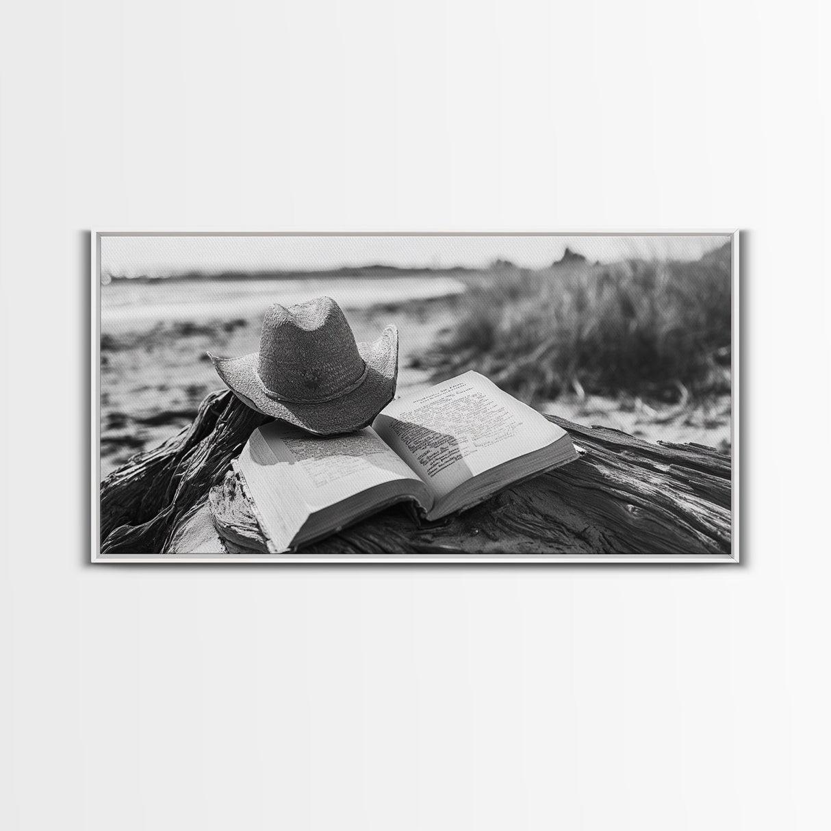 Open Book, Cowboy Hat, Driftwood Beach, Peaceful Shore, Canvas Print, Western Boho Art, Reading Nook Wall Decor, Fall Vibes, Office Wall Decor