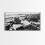 Open Book, Cowboy Hat, Driftwood Beach, Peaceful Shore, Canvas Print, Western Boho Art, Reading Nook Wall Decor, Fall Vibes, Office Wall Decor