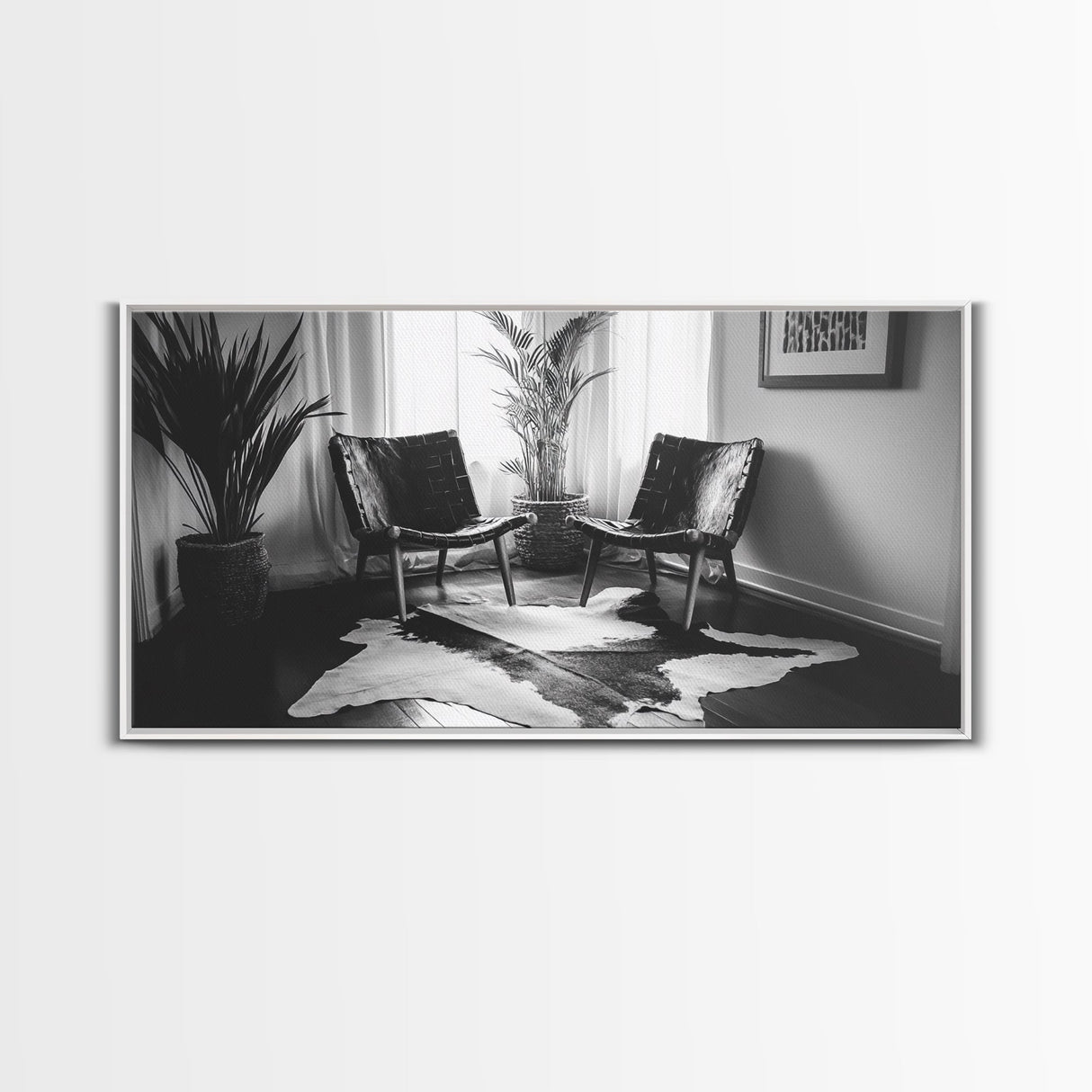 Leather Chairs, Cowhide Rug, Indoor Plants, Modern Farmhouse, Framed Canvas Print, Minimalist Living Room Art, Cozy Home Decor
