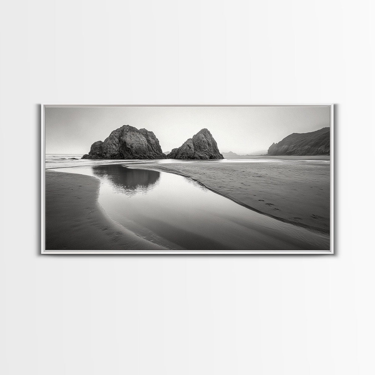 Seaside Rocks, Reflected Sky, Calm Ocean, Landscape Photography, Framed Canvas Print, Zen Wall Art, Modern Minimalist Decor, Modern Home Decor