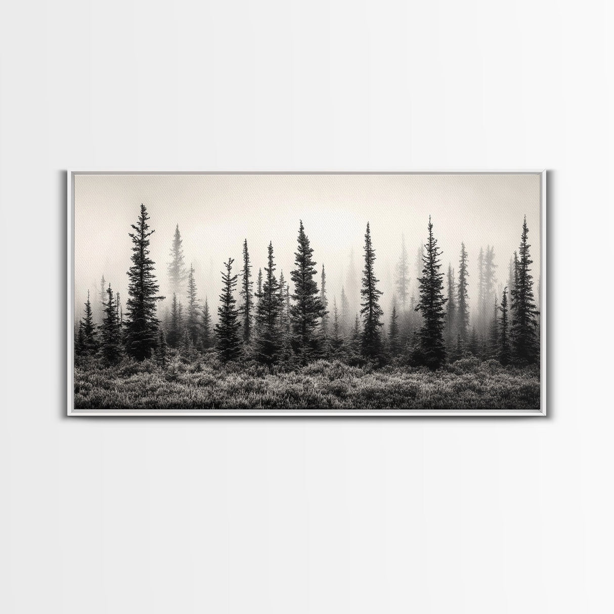 Misty Pines, Evergreen Forest, Morning Fog, Monochrome Nature, Canvas Print, Fall Entryway Wall Art, Woodland Boho Home Decor