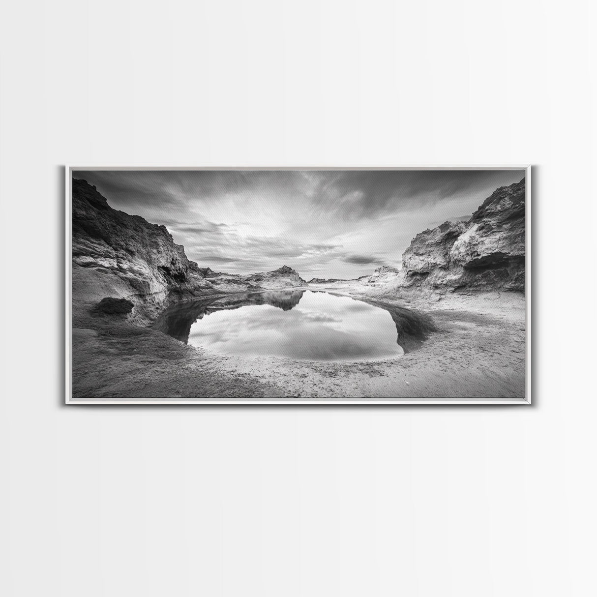 Mirror Lake, Rocky Terrain, Tranquil Waters, Framed Canvas Print, Meditation Room Art, Nature Reflection, Earthy Tones, Spa Decor