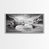 Mirror Lake, Rocky Terrain, Tranquil Waters, Framed Canvas Print, Meditation Room Art, Nature Reflection, Earthy Tones, Spa Decor