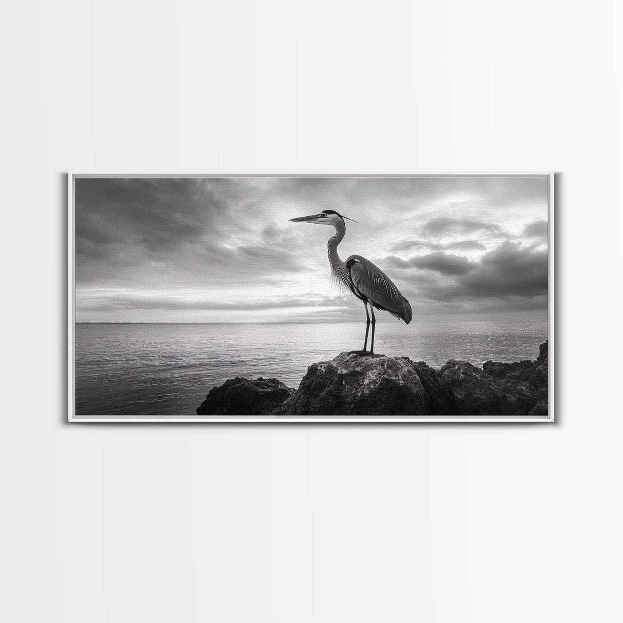 Heron Bird, Ocean Rock, Serene Wildlife, Canvas Print, Coastal Wall Art, Modern Farmhouse Decor, Minimalist Animal Scene