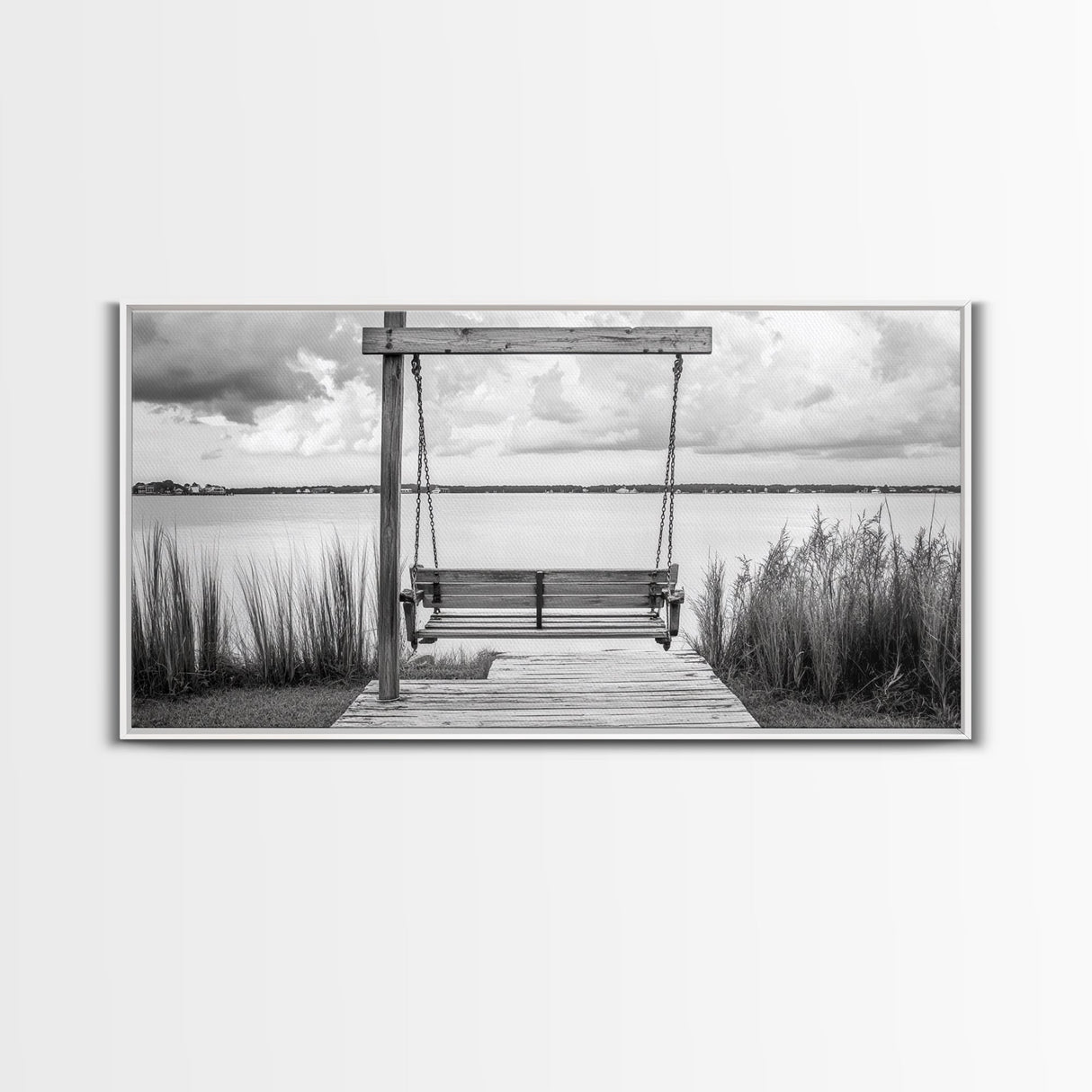 Rustic Lake Swing, Tranquil Nature Scene, Porch Art, Landscape Photography, Framed Canvas Print, Country Decor, Living Room Wall Art