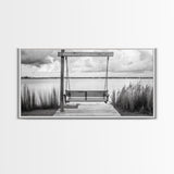 Rustic Lake Swing, Tranquil Nature Scene, Porch Art, Landscape Photography, Framed Canvas Print, Country Decor, Living Room Wall Art