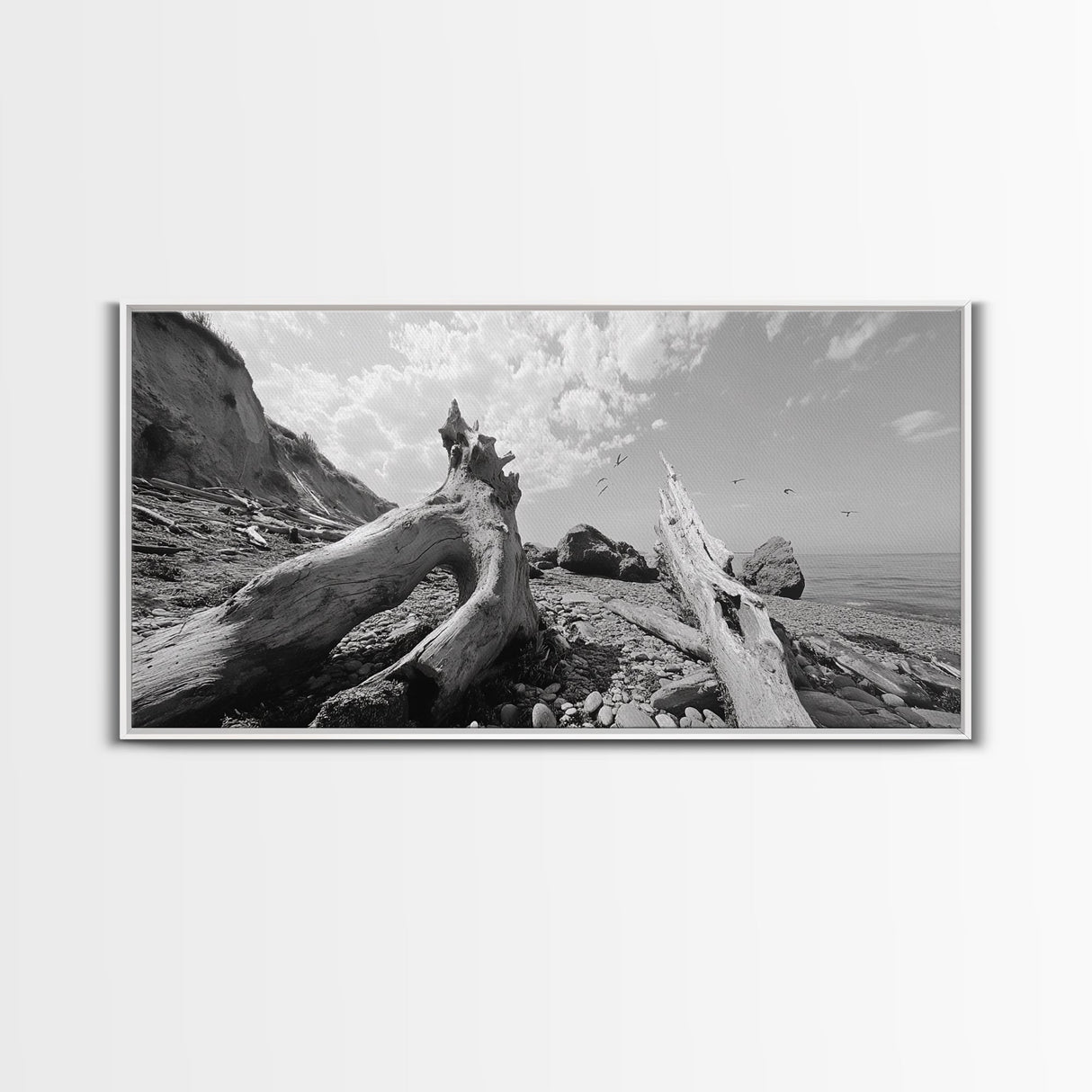Coastal Driftwood, Beach Landscape, Pebble Shore Scene, Natural Decor Accent, Canvas Print, Relaxed Vibe, Entryway or Den Wall Art
