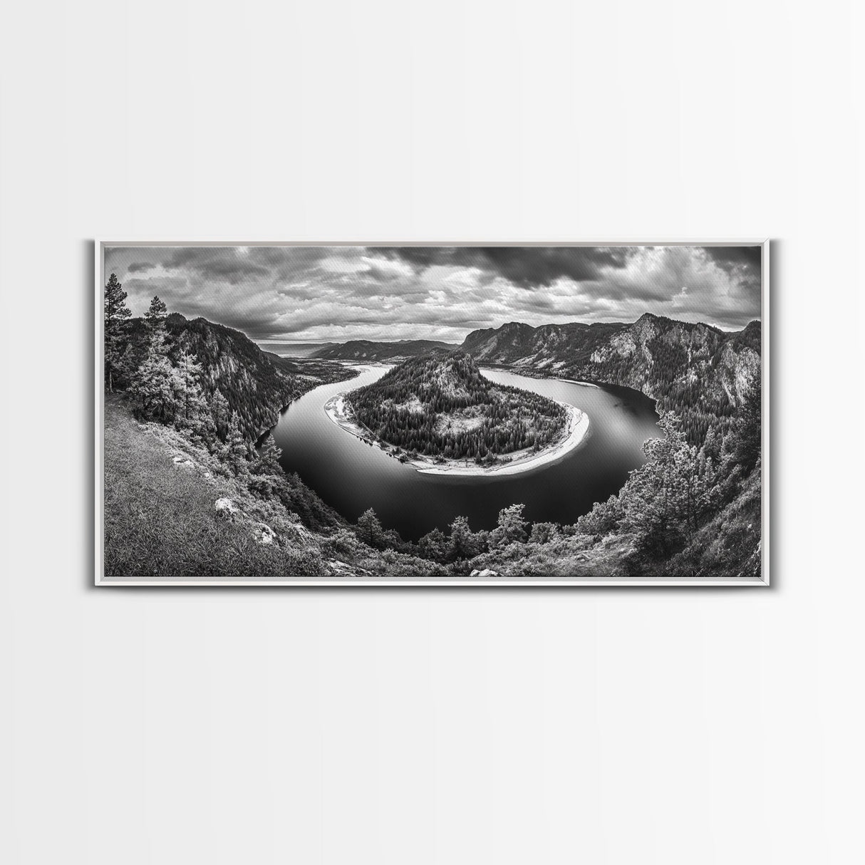 River Bend Landscape, Mountain View Aerial, Nature Panorama Scene, Framed Canvas Print, Cabin Wall Art, Adventure Boho Art, Living Room Wall Art