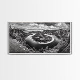 River Bend Landscape, Mountain View Aerial, Nature Panorama Scene, Framed Canvas Print, Cabin Wall Art, Adventure Boho Art, Living Room Wall Art