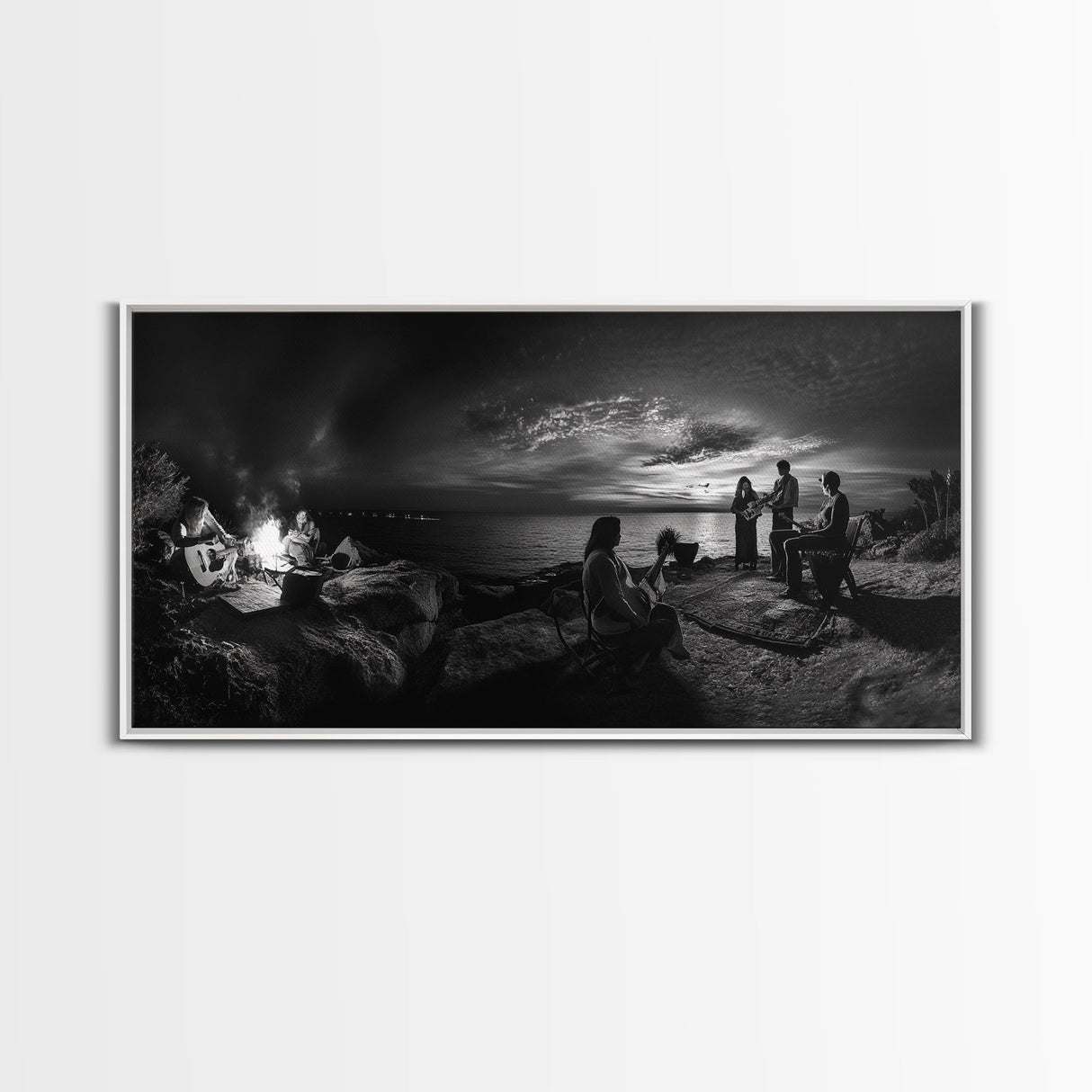 Campfire Gathering, Boho Night Vibes, Music Outdoors Scene, Framed Canvas Print, Living Room Wall Art, Folk Rustic Aesthetic