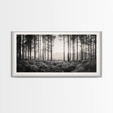 Forest Light Scene, Tall Trees Shadows, Nature Mist Pathway, Framed Canvas Print, Woodland Bedroom Art, Boho Rustic Wall Decor