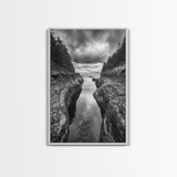 Rocky Waterway, Coastal Reflections, Dramatic Cloudscape, Ocean Nature Print, Framed Canvas Print, Bathroom Wall Art, Modern Rustic Style