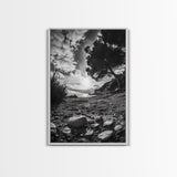 Sunset Beach View, Wide Angle Perspective, Nature Shoreline, Monochrome Landscape, Framed Canvas Print, Hallway Wall Art, Beach Decor