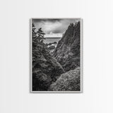 Rugged Ocean View, Coastal Forest, Black and White Mountains, Pacific Northwest Vibes, Framed Canvas Print, Den Wall Art, Moody Cabin Decor