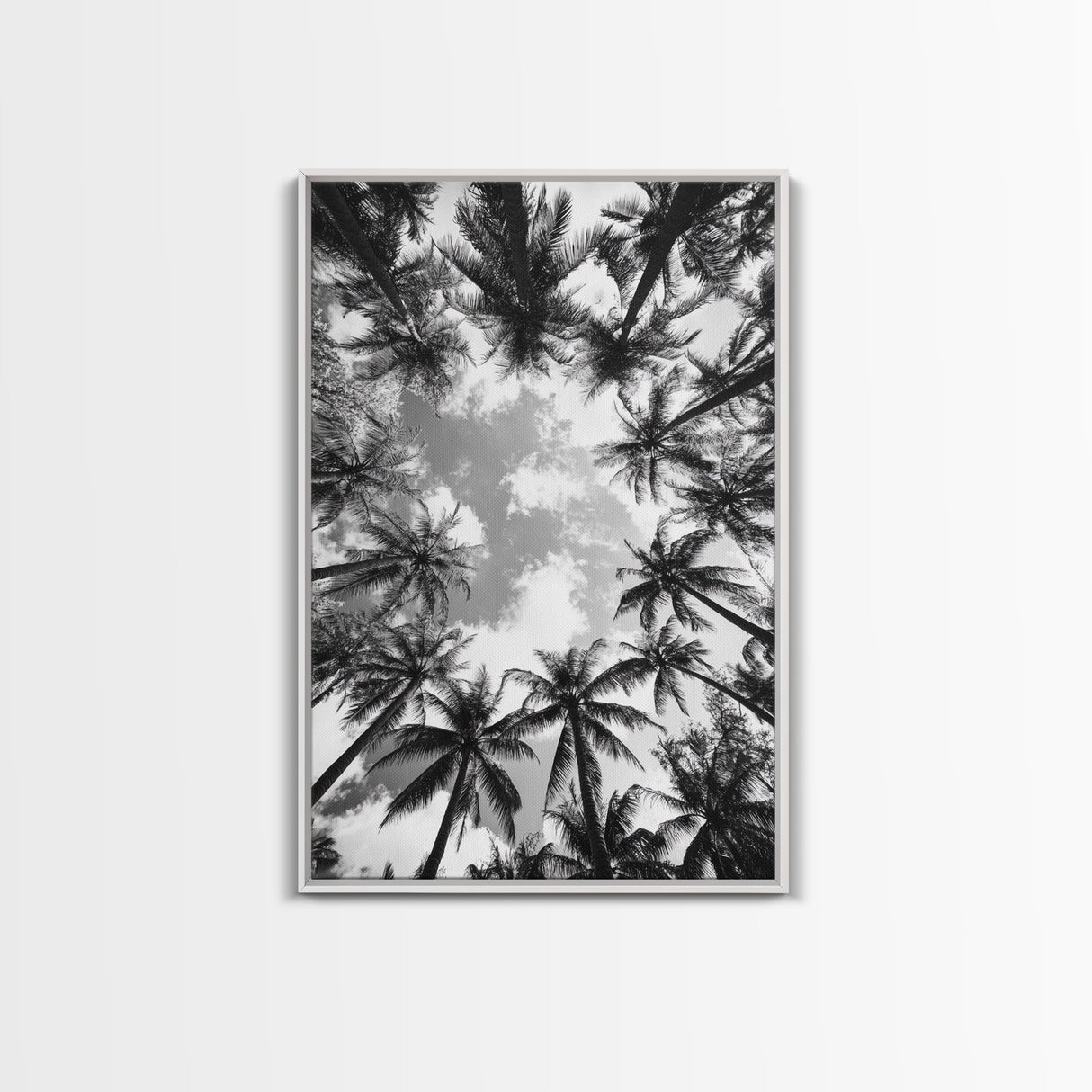Palm Tree Sky, Tropical Canopy, Black and White Island View, Jungle Overhead Scene, Framed Canvas Print, Bathroom Wall Art, Beach Boho Decor
