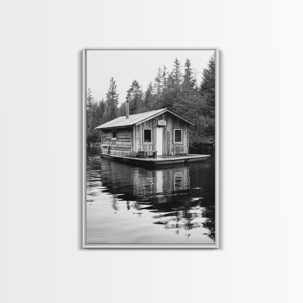 Floating Cabin, Lake House, Forest Reflection, Tranquil Waters, Framed Canvas Print, Bedroom Wall Art, Cabin Aesthetic, Rustic Nature Vibe