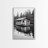 Floating Cabin, Lake House, Forest Reflection, Tranquil Waters, Framed Canvas Print, Bedroom Wall Art, Cabin Aesthetic, Rustic Nature Vibe