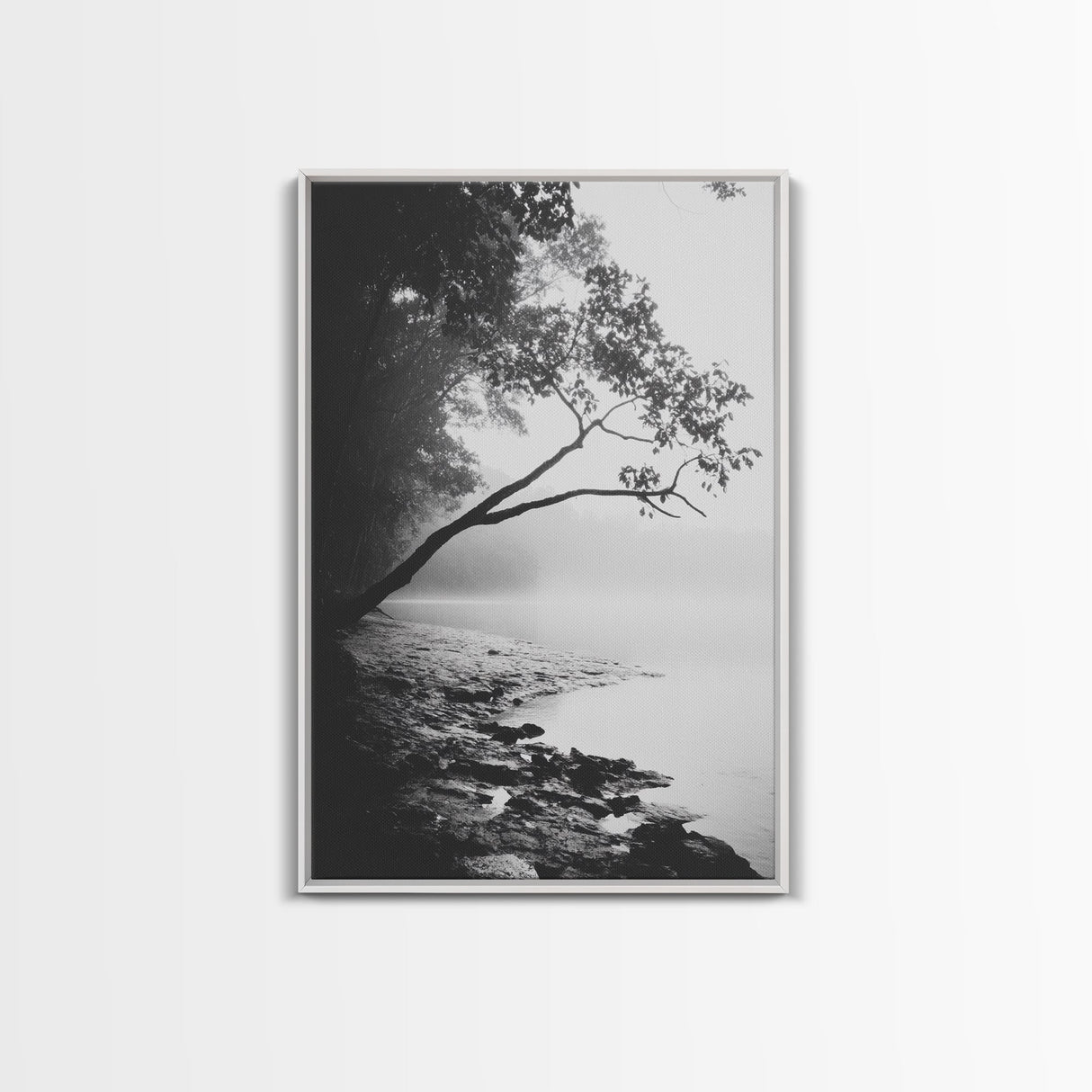 Misty Tree, Shoreline Fog, Forest Edge, Moody Atmosphere, Framed Canvas Print, Bedroom Wall Art, Autumn Woodland Style, Serene Nature Decor