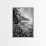 Foggy Coast, Moody Shore, Tranquil Pebbles, Forest Water, Framed Canvas Print, Bathroom Wall Art, Nature Photography Style, Calm Retreat Decor
