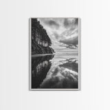 Ocean Cliff Reflection, Dramatic Coastline Art, Cloudy Sky Canvas, Framed Canvas Print, Living Room Wall Art, Moody Landscape Photography