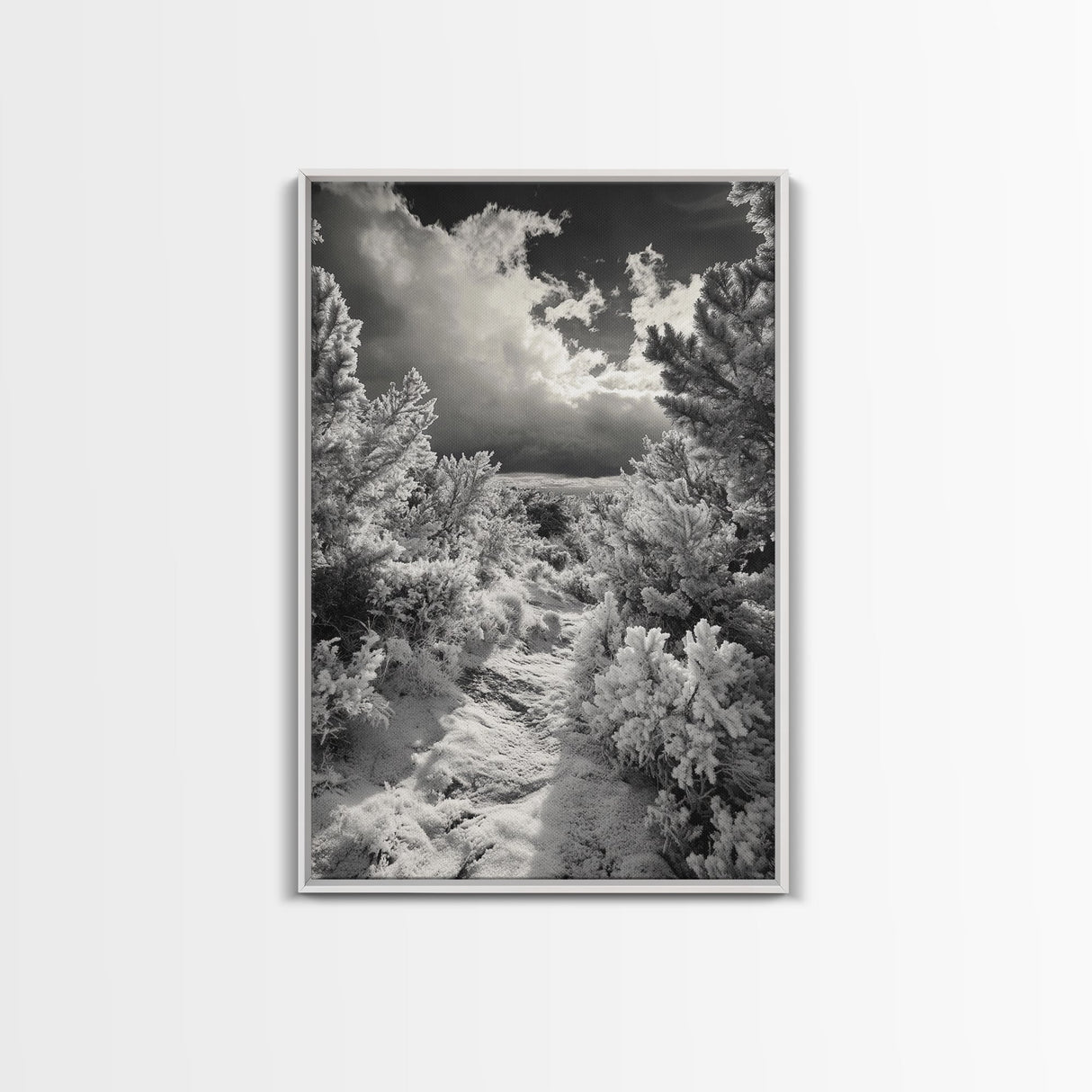 Snowy Pine Path, Winter Forest Light, Frozen Landscape Art, Canvas Print, Holiday Wall Art, Minimalist Winter, Nordic Style Decor