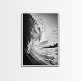 Ocean Wave Curl, Sea Barrel Art, Surf Power Print, Framed Canvas Print, Bathroom Wall Art, Modern Beach Decor, Black White Seascape