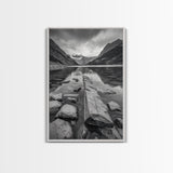 Mountain Lake Log, Alpine Serenity Scene, Tranquil Rock Shore, Canvas Print, Bedroom Wall Art, Nature Retreat, Minimalist Landscape