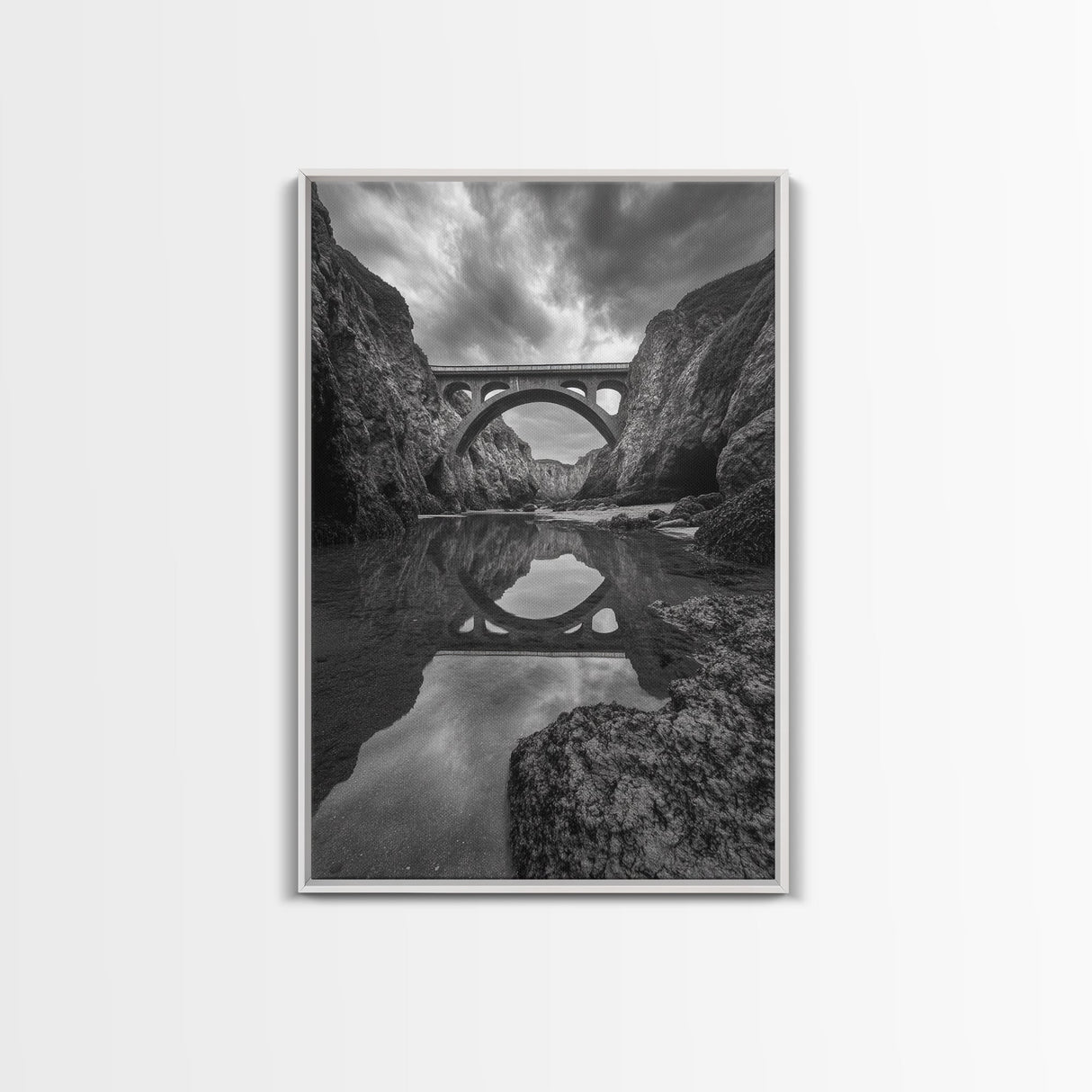 Stone Bridge, Reflections, River Archway, Nature Drama, Framed Canvas Print, Landscape Wall Art, Monochrome Photography, Entryway Art