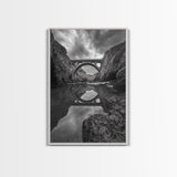 Stone Bridge, Reflections, River Archway, Nature Drama, Framed Canvas Print, Landscape Wall Art, Monochrome Photography, Entryway Art