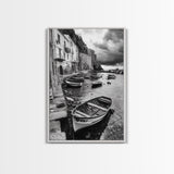 Coastal Village, Fishing Boats, Mediterranean Harbor, Seaside Charm, Framed Canvas Print, Nautical Kitchen Wall Art, Fall Decor Accent