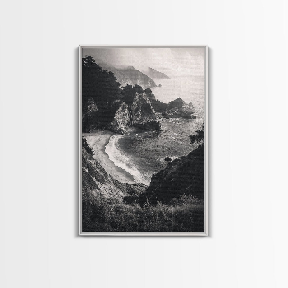 Ocean Cove, Cliffside Escape, Pacific Waters, Coastal Horizon, Canvas Print, Beach House Wall Art, Serene Nature Photography, Neutral Tones