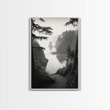 Forest Cliffs, Ocean Pathway, Misty Coast, Woodland Escape, Framed Canvas Print, Cabin Wall Art, Nature Trail Aesthetic, Autumn Mood Art