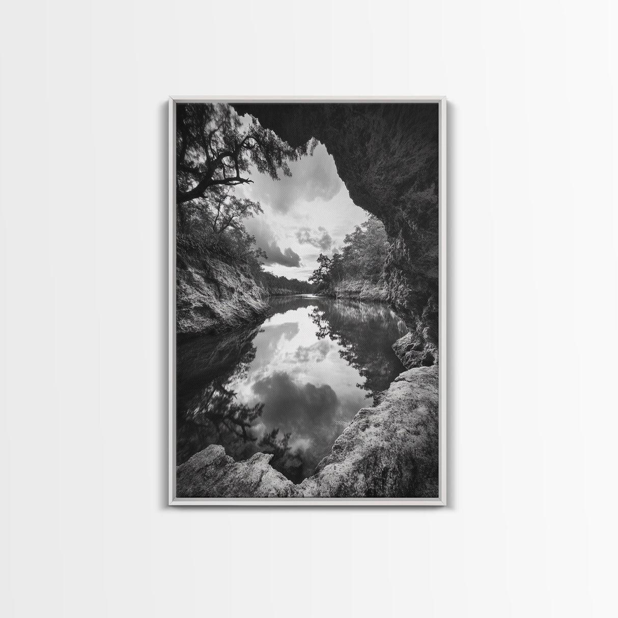 Serene River Reflection, Cave View, Monochrome Nature, Framed Canvas Print, Living Room Wall Art, Tranquil Landscape, Minimalist Decor
