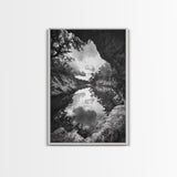 Serene River Reflection, Cave View, Monochrome Nature, Framed Canvas Print, Living Room Wall Art, Tranquil Landscape, Minimalist Decor
