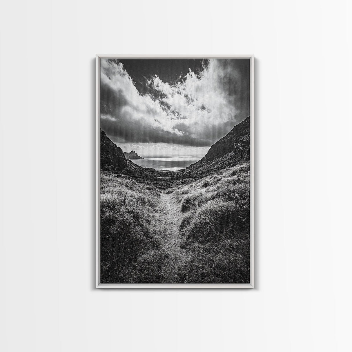 Highland Ocean Trail, Dramatic Clouds, Monochrome Nature, Canvas Print, Office Wall Art, Adventure Landscape, Rustic Home Decor