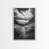 Highland Ocean Trail, Dramatic Clouds, Monochrome Nature, Canvas Print, Office Wall Art, Adventure Landscape, Rustic Home Decor