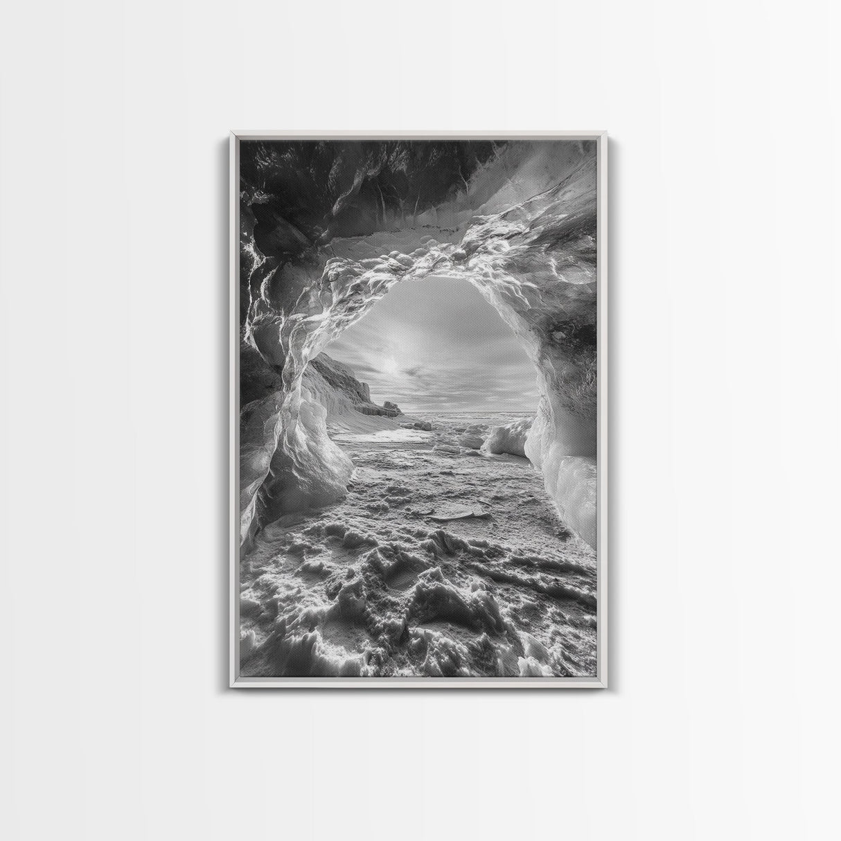 Ice Cave Opening, Winter Wonderland, Arctic Light, Framed Canvas Print, Bedroom Wall Art, Nordic Landscape, Minimalist Winter Art