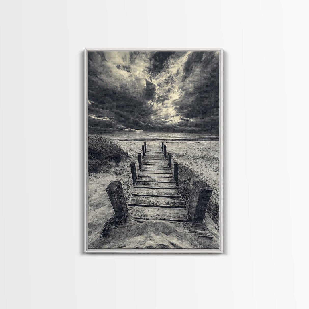 Stormy Beach Dock, Dramatic Skies, Coastal Mood, Framed Canvas Print, Fall Wall Art, Entryway Decor, Moody Seascape, Rustic Coastal Home