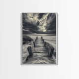Stormy Beach Dock, Dramatic Skies, Coastal Mood, Framed Canvas Print, Fall Wall Art, Entryway Decor, Moody Seascape, Rustic Coastal Home