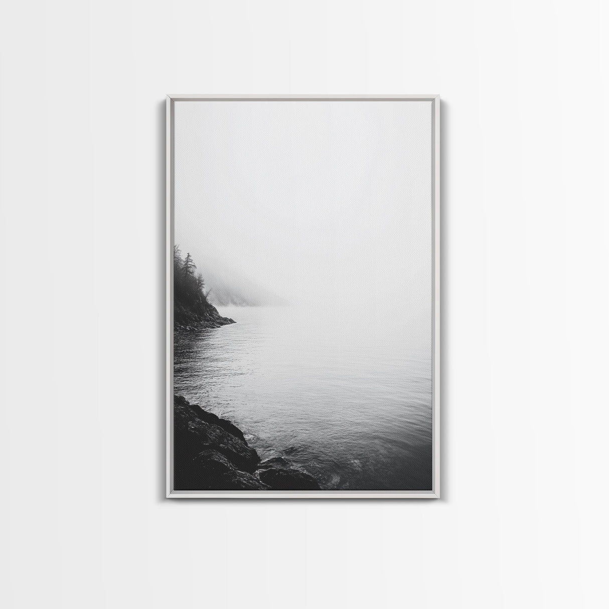 Misty Lakeshore, Foggy Forest Water, Monochrome Tranquility, Framed Canvas Print, Minimalist Art, Calm Landscape, Bedroom Wall Decor