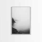 Misty Lakeshore, Foggy Forest Water, Monochrome Tranquility, Framed Canvas Print, Minimalist Art, Calm Landscape, Bedroom Wall Decor