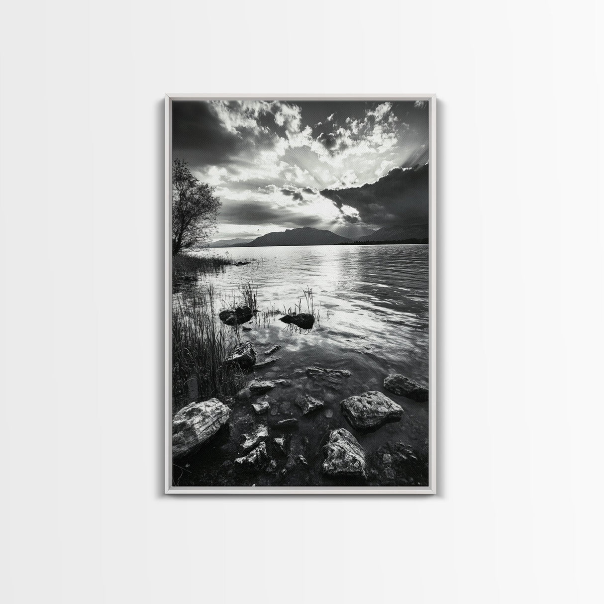 Lake Sunset View, Peaceful Mountainscape, Nature Reflection, Framed Canvas Print, Living Room Wall Art, Tranquil Scenic Landscape