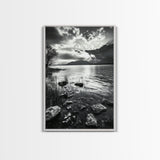 Lake Sunset View, Peaceful Mountainscape, Nature Reflection, Framed Canvas Print, Living Room Wall Art, Tranquil Scenic Landscape