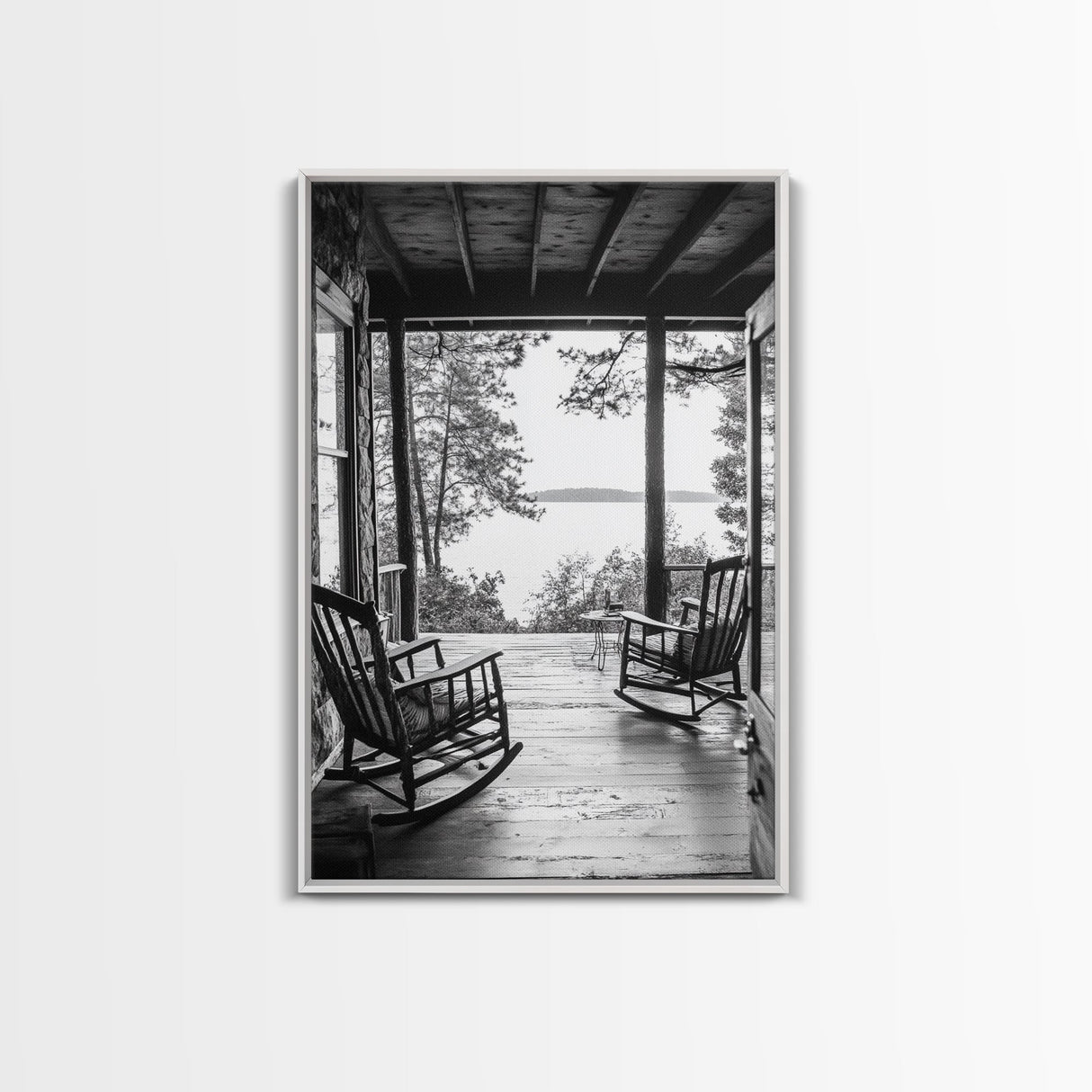 Rustic Porch View, Cabin Serenity, Lakefront Rocking Chairs, Framed Canvas Print, Farmhouse Wall Art, Living Room Decor, Fall Home Style