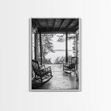 Rustic Porch View, Cabin Serenity, Lakefront Rocking Chairs, Framed Canvas Print, Farmhouse Wall Art, Living Room Decor, Fall Home Style