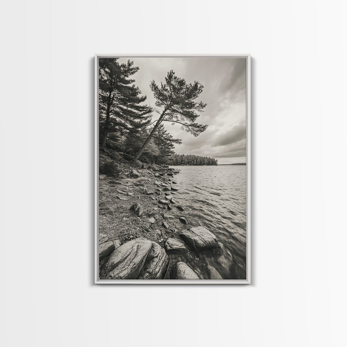 Pine Shoreline Landscape, Calm Water Trees, Autumn Mood, Canvas Print, Rustic Cabin Wall Art, Bedroom Nature Decor, Earthy Photography